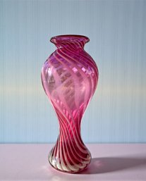 Lot 302 - 1970-80s Pilgrim Glass Cranberry Twisted Optic Swirl - Heavy Weight - Vintage Art Glass Flower Vase