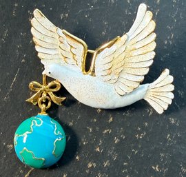 Lot 490LC - 2004FL Signed Dove Caring Earth Enamel Brooch - Vintage Estate Jewelry Pin