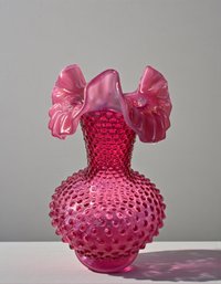 Lot 303 - Pretty! 1970-80 Fenton Signed Hobnail Cranberry Opalescent With Ruffled Edge - Art Glass Flower Vase