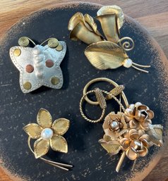 Lot 492LC - Four Goldtone Pins, Boho Style Metal Butterfly Flowers Brooch - Silvertone, Coppertone