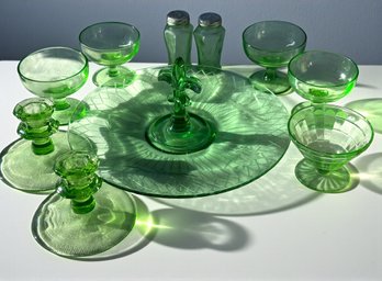 Lot 304 - Green Depression Glass - Fleur Di Lis Cake Plate - Candlesticks - Salt & Pepper - Dessert Cups