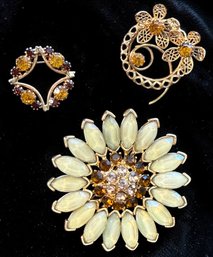 Lot 493LC - Three Brooches With Amber Rhinestones - Vintage Estate Jewelry