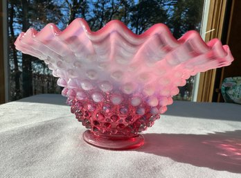 Lot 307 - WOW Factor! Fenton Cranberry Hobnail Pink Red Opalescent Candy Or Trinket Bowl With Ruffled Edge