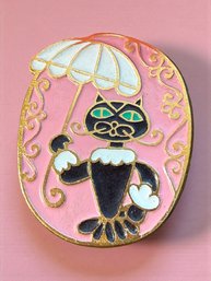 Lot 495LC - USSR 1980s Enamel Black Cat Feline With Umbrella Brooch Mid Century Style Soviet Russian
