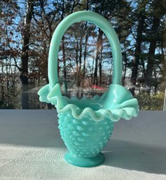 Lot 308 -  Mid Century Fenton Pastel Turquose Aqua Art Glass Hobnail Small Basket