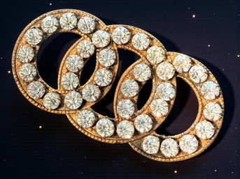Lot 496LC - Antique Art Deco Brooch Triple Rings - Goldtone Crystal Clear Rhinestones