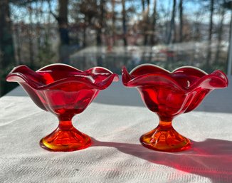 Lot 310 -  LE Smith Amber Ruffle Edge Pedestal Compote Candlestick Holders Mid Century Red Orange Art Glass