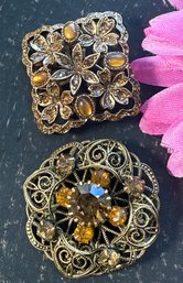 Lot 498LC - Two Costume Goldtone Filigree With Amber Color Rhinestones & Cabochons Brooches - Pins