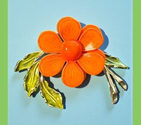 Lot 501LC - 1960s Orange Flower Blossom Enamel Brooch  - Vintage Pin - Estate Jewelry