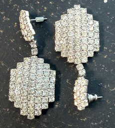 Lot 503LC - Art Deco Style Earrings - Pierced Clear Crystal Rhinestone - Vintage Estate Jewelry