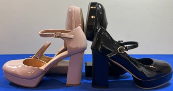 Lot 405- Chunky Heel Tan & Black Patent Leather Platform Closed Toe Sandal - Size 7 1/2  & Euro 39 - Top Moda