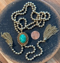 Lot 504LC - 1970s Signed Avon Long Lariat Style Goldtone Chain & Peking Ming Green Stone Pendant