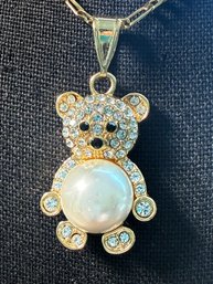 Lot 506LC - Crystal Stone Teddy Bear Pearl Belly Costume Goldtone Chain With Pendant - Signed CM