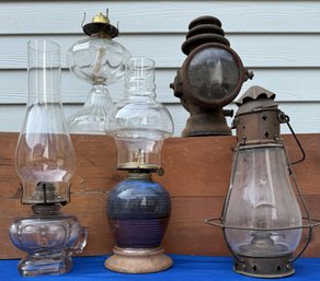 Lot 449 - Vintage Wooden Crates With 2 Dietz Railroad Lantern And 3 Antique Oil Lamps - Farmhouse Decor