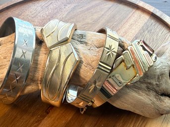 Lot 511LC - Four Goldtone Bangles Bracelets, 3 Hinged - 2 Signed By Sarah Coventry - Vintage Estate Jewelry