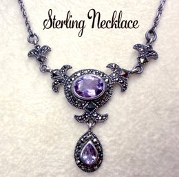 Lot 362LC - Sterling Silver  Art Deco Pretty Purple Amethyst  And Marcasite  Necklace With Pendant