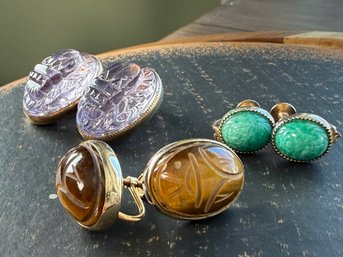 Lot 519LC - 3 Pair Of Scarab Clip On Earrings, Purple Glass, Green Stones, Tiger Eye Bal-Ron 12K Gold Filled