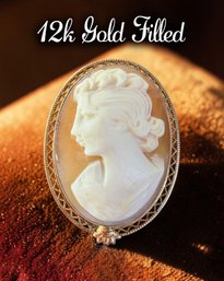 Lot 365LC - 1950s Mid Century 12k GF Gold Filled INC Hand Carved Shell Cameo Brooch & Pendant Filigree Border