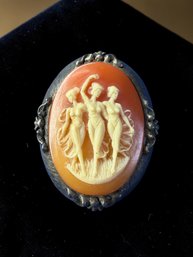 Lot 366LC - Mid Century Cameo - Three Graces Greek Mythology - Charm - Beauty - Creativity - Brooch Pendant