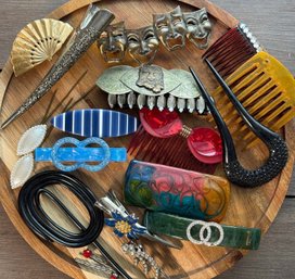 Lot 529LC - Collection Of Vintage Hair Accessories Combs, Clips, Bobby Pins, Blue Barrette Made In France