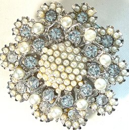 Lot 531LC - East 5th Costume Faux Pearls Clear & Aqua Rhinestones Flower Brooch New In Box