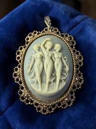 Lot 369LC - 1970s Pretty Light Blue Three Graces - Greek Mythology - Cameo Pendant - Goldtone Frame