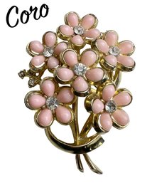 317LC - Mid Century Pink Stone CORO Signed Thermoset Lucite Pink Petals And Rhinestone Accents Goldtone Metal