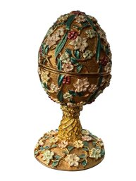 Lot 527LC - Collectible Floral Egg On Stand Enamel Raised Flowers Trinket Box - Magnetic Closure