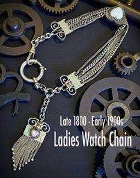 324LC - Antique Victorian Silver Albertina Silvertone Watch Chain - Chunky Heavy - Opal Pearl Hearts - Germany