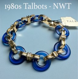 325LC - FUN! Talbots 1980s Vibrant Ice Blue Lucite Circle & Gold Tone Links Statement Bracelet - NWT