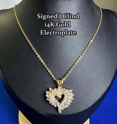 326LC - Be My Valentine! 14 KGE J Clind Signed Gold Chain - Clear Rhinestone Roman Heart Pendant