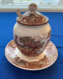 Lot 416 - Nasco Mountain Woodland Lidded Jam/jelly With Attached Saucer Cover & Spoon Signed
