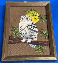 Lot 483 - 1979 Snowy Owl Crewel Wall Art Picture Sunset Designs - Vintage Country Cabin Home Decor