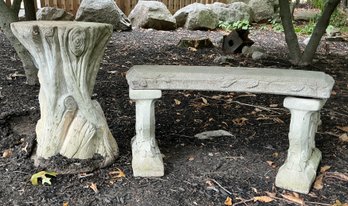 Lot 426 - Cement Wonderland Floral Bench W/ Matching Stump Great For Gardens And Front Porch