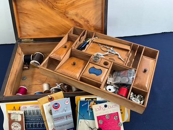 Lot 400 - Inlaid Wood Sewing Box With Sewing Notions Items Measuring 12.5 X 9.50  X 4