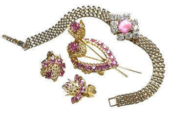 345LC - Pretty In Pink! Sparkly Floral Tulips In Teardrop Brooch Pin - Earrings - Bracelet Crystal Rhinestones