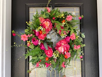 Lot 442- Beautiful Spring Summer Pink Roses Floral Door Wreath - 22 Inches