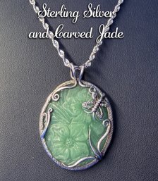Lot 612LC - Exceptional Hand Carved Nephrite Jade Sculpted Butterfly 925 Sterling Silver Pendant & Necklace