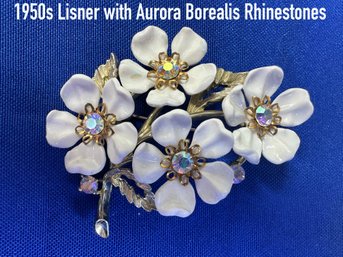 300SES - 1950s Lisner - White Floral Bunch Mixed Metals Signed - Aurora Borealis Rhinestones - Celloid Leafs