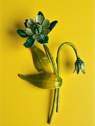 301SES - Enamel Handpainted Green & Yellow 1950s Flower Pin Brooch With Goldtone - Vintage Estate Jewelry