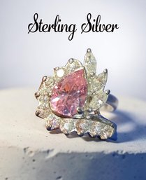 Lot 617LC - Sterling Silver 925 Teardrop Pink And Clear CZ Cocktail Ring Size 8