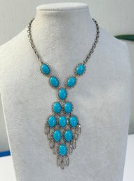 302SES - Stunning! Southwestern Turquoise Cabochons Antique Necklace - Squash Blossom - Silvertone Statement