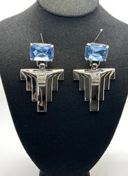 Lot 417 - Art Deco Style Clip On Earrings With Blue Crystals - Gorgeous Vintage Jewelry