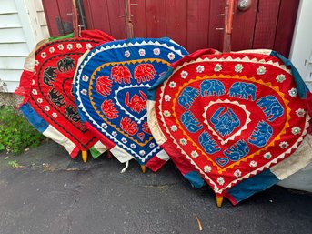 Lot 344 - Giant Tribal Asian Indian Thailand Cloth Applique Fans - Elephants- 32x33- Wall Decor - Art - 3