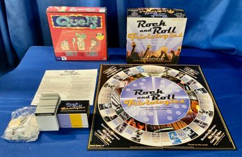Lot 201 - Rock And Roll Triviologies Board Game & Sealed Quelf Obey The Cards Games By Spin Master