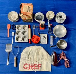 Lot 205 - Vintage 40 Piece Childs Kitchen Play Set - Molds - Tins - Rolling Pin - Mixer - Cookie Cutter