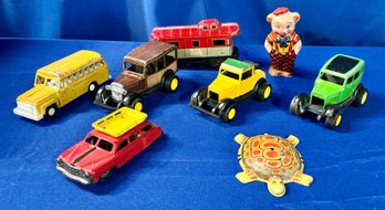 Lot 207 - Vintage Die Cast Metal Cars  & Tin Litho 8 Piece Toy Lot - J. Chien - Tootsie Toy - NYC Railroad
