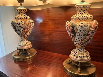 Lot 5- Pair Of Early Capodimonte Porcelain Table Lamps - Cast Metal Base