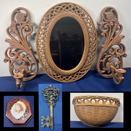 Lot 430- Mid Century Syroco Inc Home Decor - Collection Mirror - Frame - 17 Inch Key - 2 Wall Candle Holders