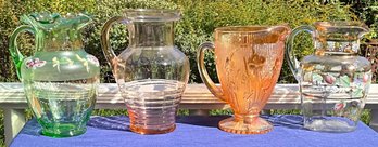 Lot 16- Carnival Iris Iridescent & Depression Glass - Pink - Green - Hand Painted Water Pitchers - Lot Of 4